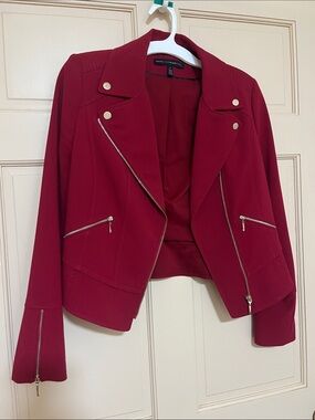 White House Black Market Women's Burgundy Red Moto Jacket with Silver Hardware
